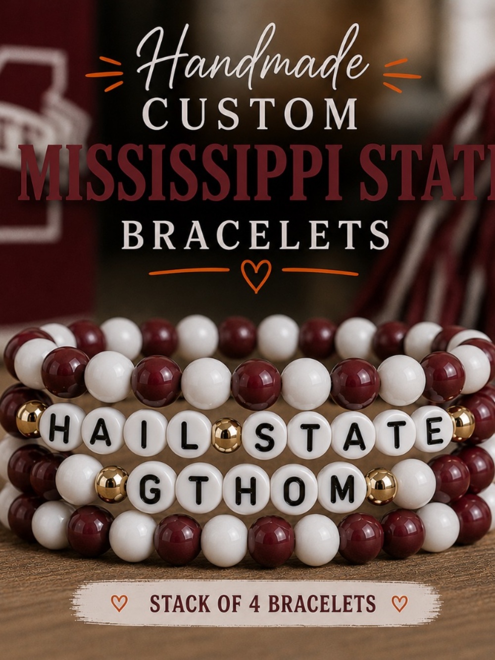 Stack of Four Handmade Custom Mississippi State Bulldogs Bracelets